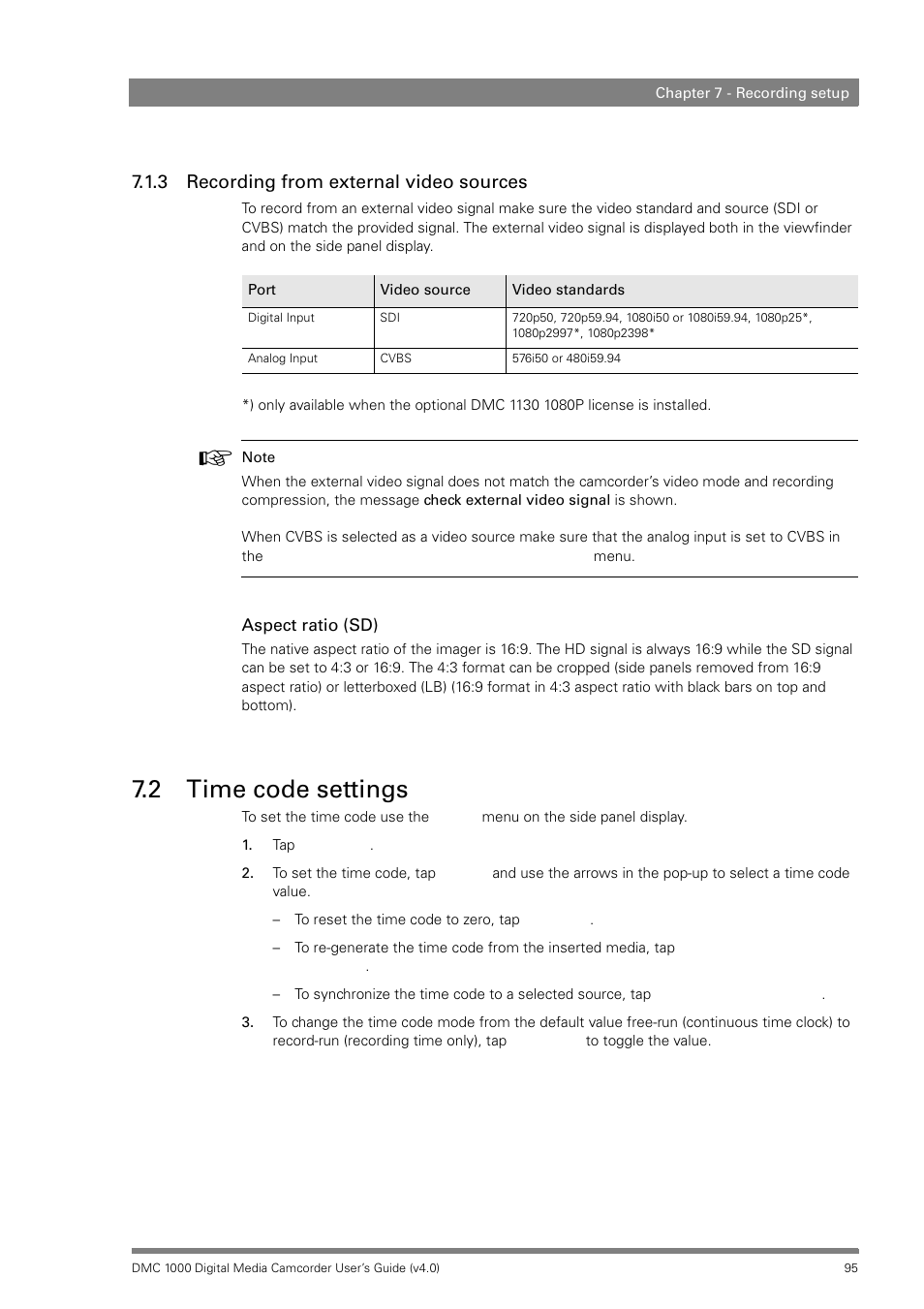 3 recording from external video sources, 2 time code settings, Recording from external video sources | Time code settings | Grass Valley DMC 1000 v.12.4 User Manual | Page 95 / 176