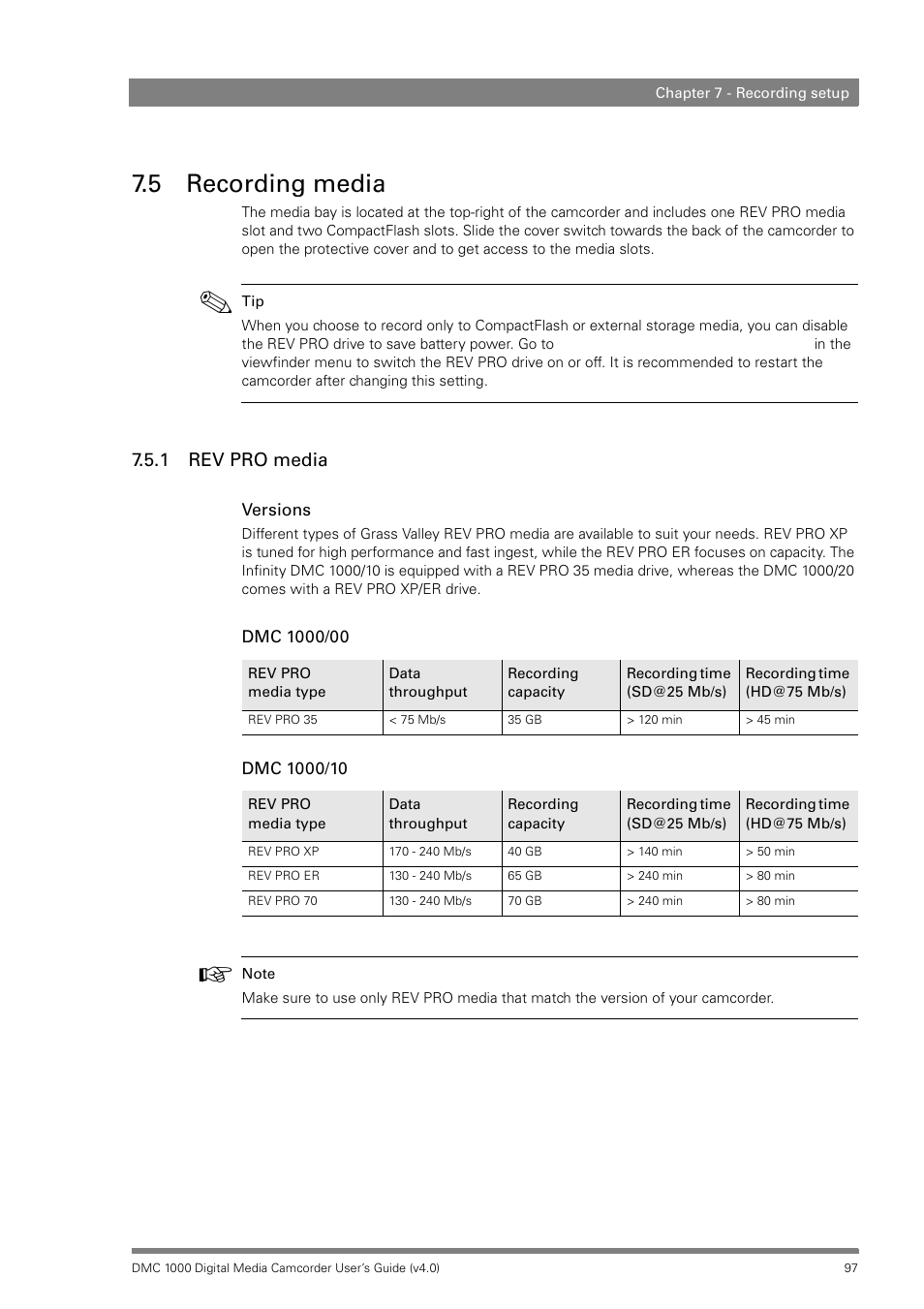 5 recording media, 1 rev pro media, Recording media 7.5.1 | Rev pro media | Grass Valley DMC 1000 v.12.4 User Manual | Page 97 / 176