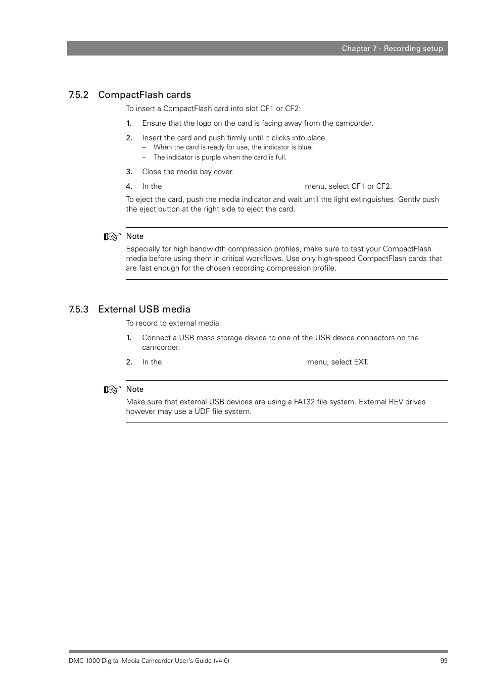 2 compactflash cards, 3 external usb media, Compactflash cards | External usb media | Grass Valley DMC 1000 v.12.4 User Manual | Page 99 / 176
