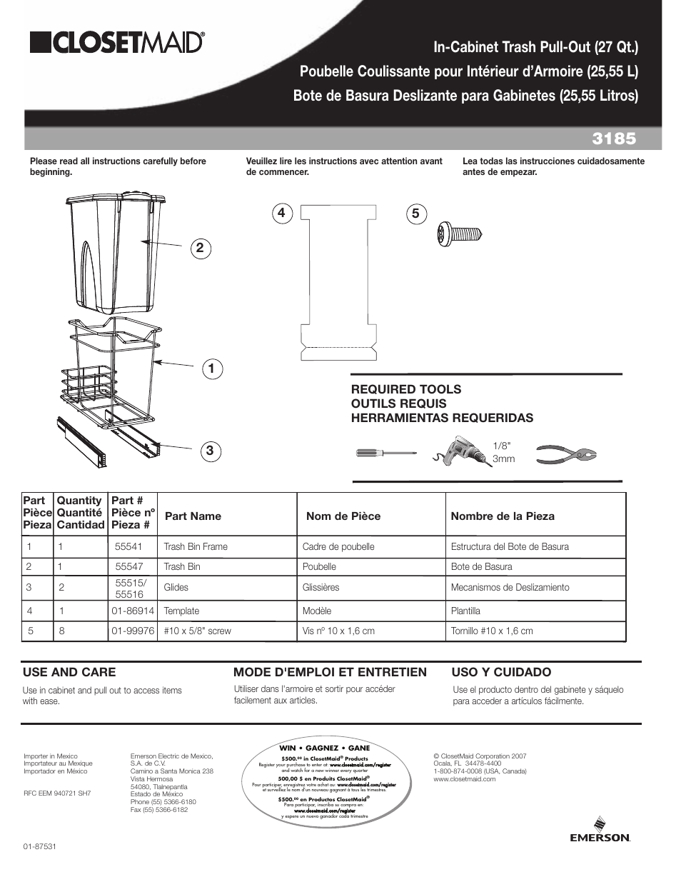Closet Maid In-Cabinet Trash Pull-Out 3185 User Manual | 2 pages