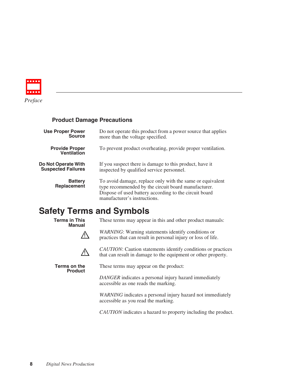 Safety terms and symbols | Grass Valley IngestStation v.1.0 User Manual | Page 10 / 58