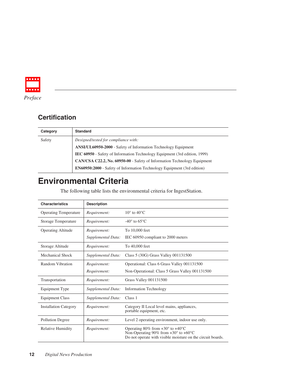 Environmental criteria, Certification, Preface | Grass Valley IngestStation v.1.0 User Manual | Page 14 / 58