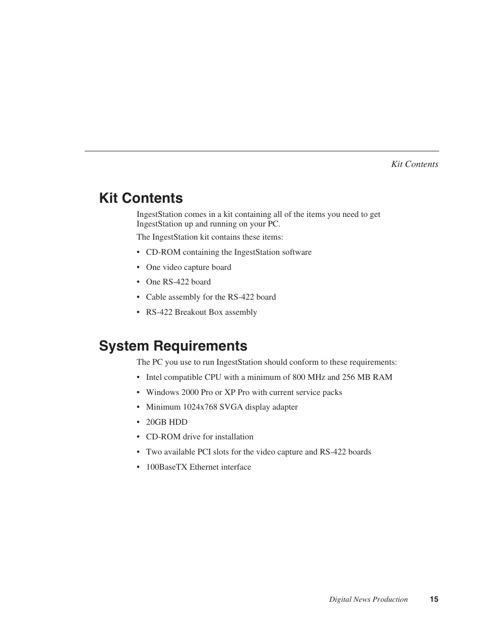 Kit contents, System requirements, Kit contents system requirements | Grass Valley IngestStation v.1.0 User Manual | Page 17 / 58