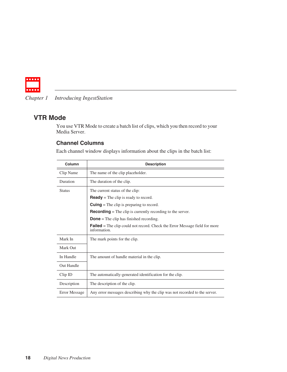 Vtr mode, Channel columns | Grass Valley IngestStation v.1.0 User Manual | Page 20 / 58