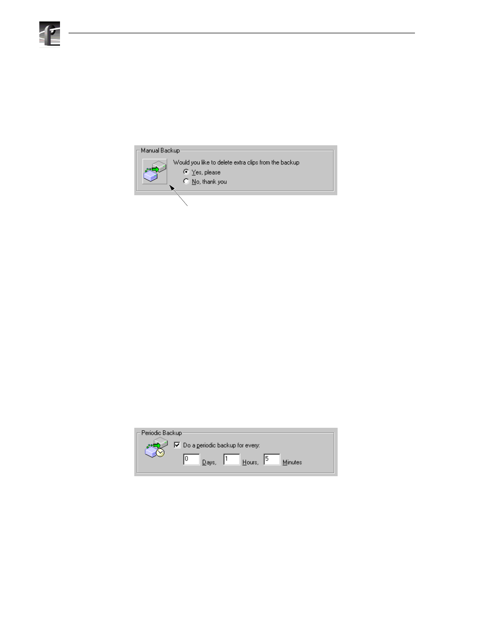 Running a manual backup, Selecting a backup type, Enabling periodic backup | Running a manual backup selecting a backup type | Grass Valley Profile InSync v.2.0 User Manual | Page 12 / 14