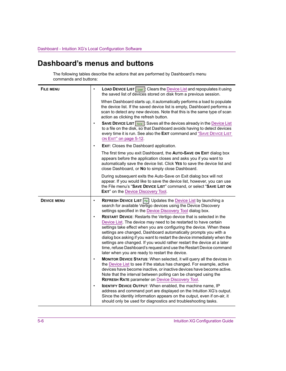 Dashboard’s menus and buttons, Dashboard’s menus and buttons -6 | Grass Valley Intuition XG v.5.0 User Manual | Page 69 / 111