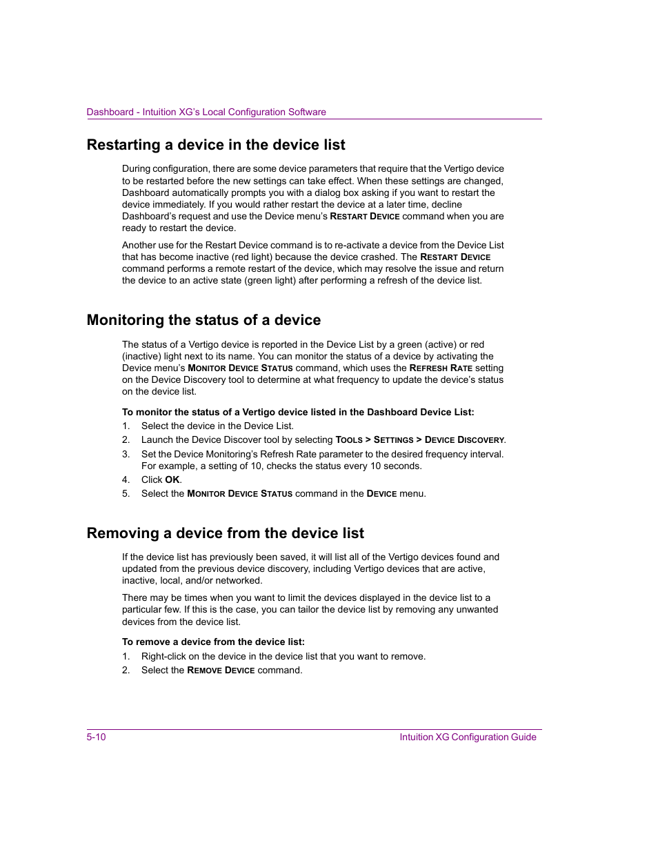 Restarting a device in the device list, Monitoring the status of a device, Removing a device from the device list | Restarting a device in the device, Command (see | Grass Valley Intuition XG v.5.0 User Manual | Page 73 / 111
