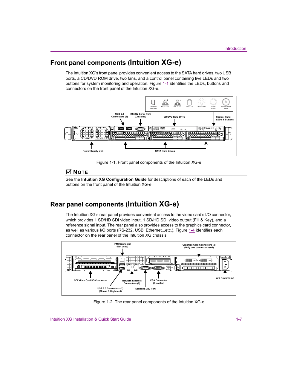 Front panel components (intuition xg-e), Rear panel components (intuition xg-e), Intuition xg-e) | Front panel components, Rear panel components | Grass Valley Intuition XG Installation v.5.0 User Manual | Page 26 / 61