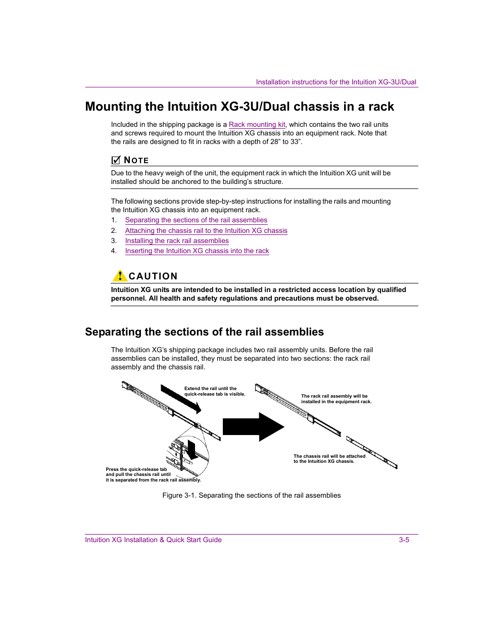 Separating the sections of the rail assemblies, Separating the sections of the rail assemblies -5, Caution | Grass Valley Intuition XG Installation v.5.0 User Manual | Page 44 / 61