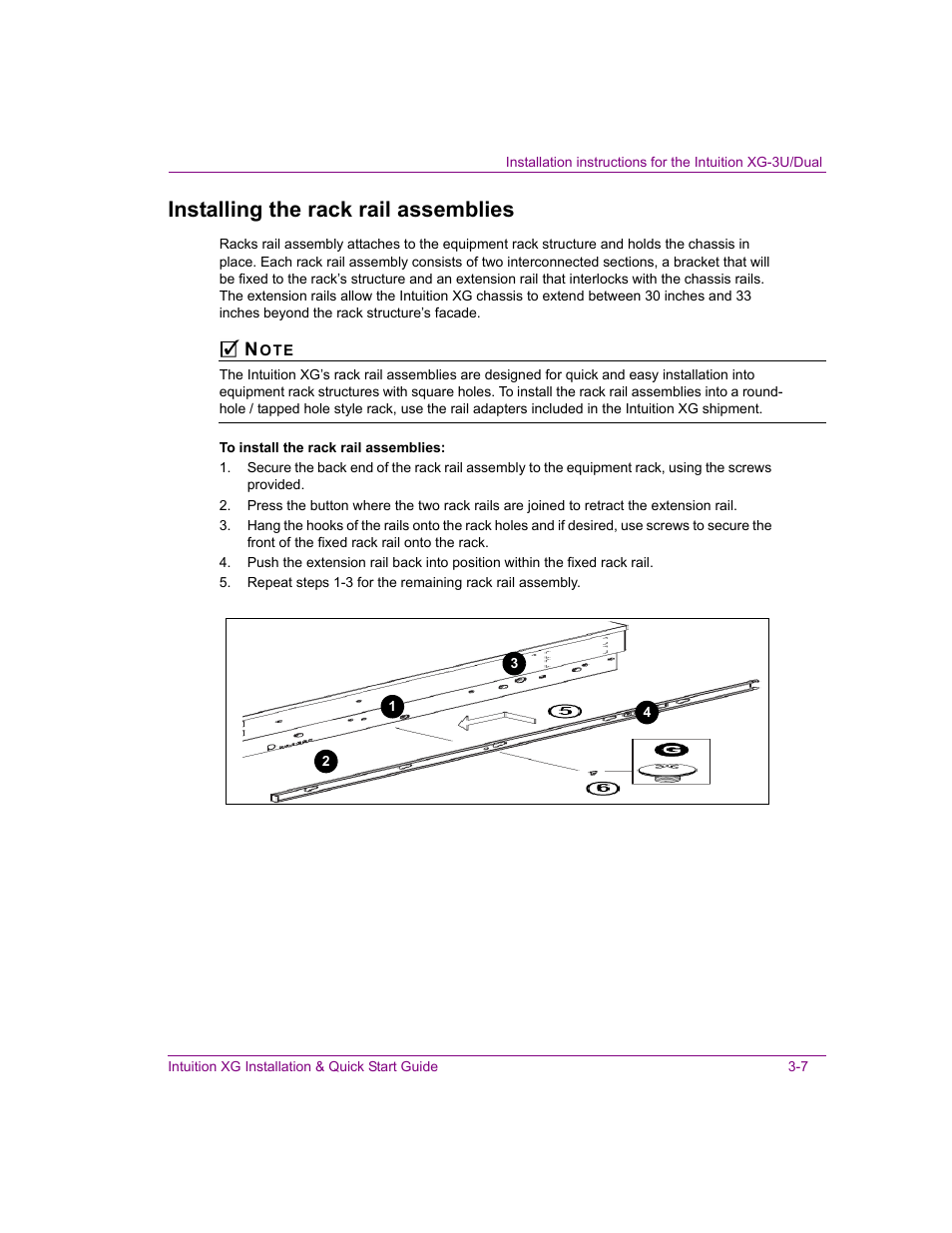 Installing the rack rail assemblies, Installing the rack rail assemblies -7 | Grass Valley Intuition XG Installation v.5.0 User Manual | Page 46 / 61