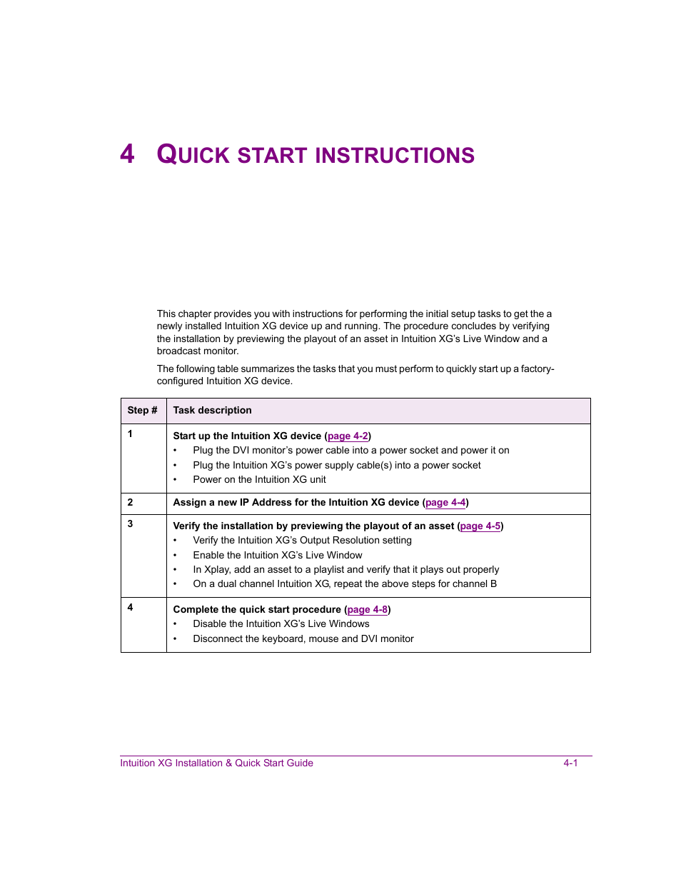 4 quick start instructions, Quick start instructions -1, Uick | Start, Instructions | Grass Valley Intuition XG Installation v.5.0 User Manual | Page 52 / 61