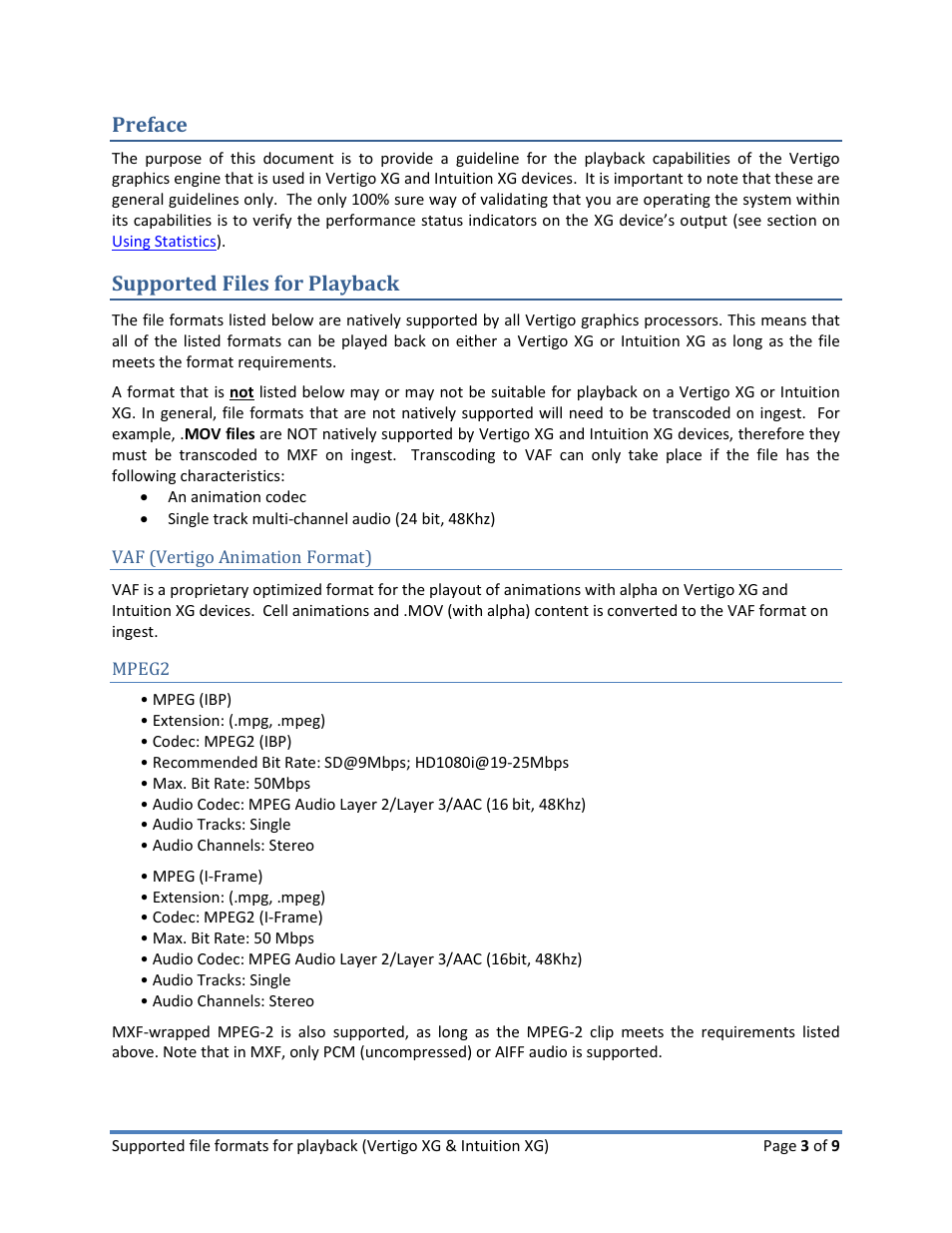 Preface, Supported files for playback, Vaf (vertigo animation format) | Mpeg2, Preface supported files for playback, Vaf (vertigo animation format) mpeg2 | Grass Valley Vertigo XG User Manual | Page 3 / 9