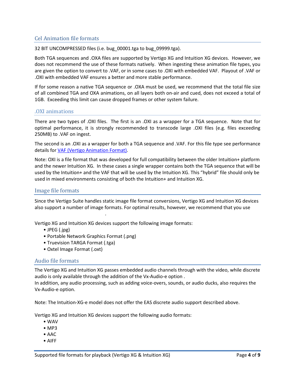 Cel animation file formats, Oxi animations, Image file formats | Audio file formats, Image file formats audio file formats | Grass Valley Vertigo XG User Manual | Page 4 / 9