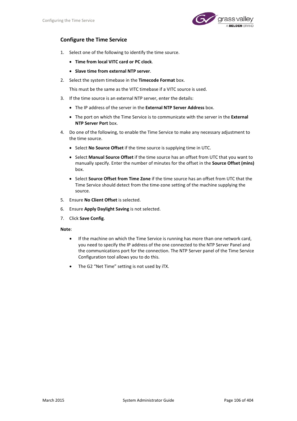 Configure the time service | Grass Valley iTX System v.2.6 User Manual | Page 106 / 404