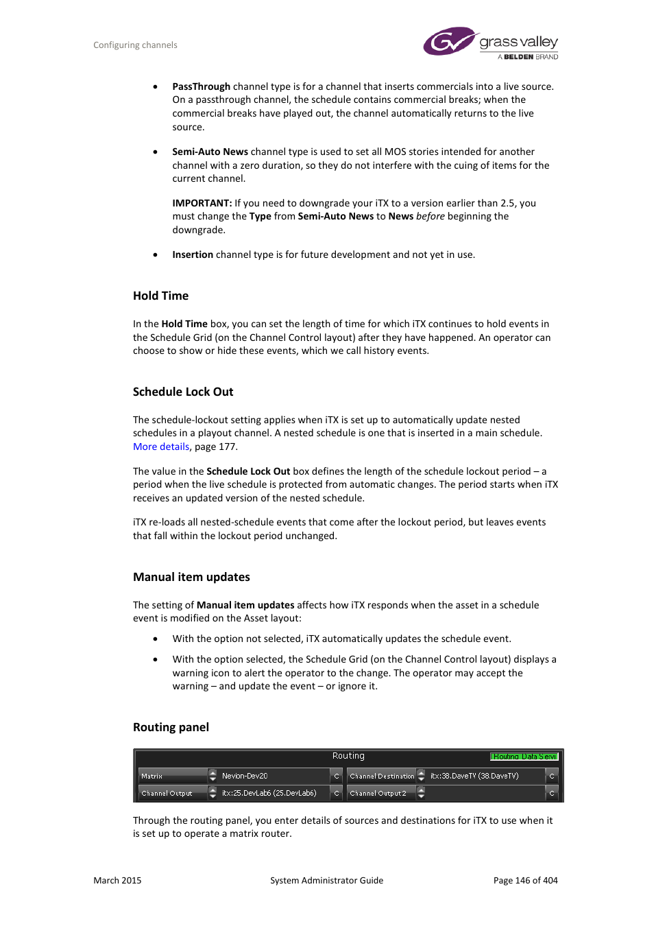 Hold time, Schedule lock out, Manual item updates | Routing panel | Grass Valley iTX System v.2.6 User Manual | Page 146 / 404