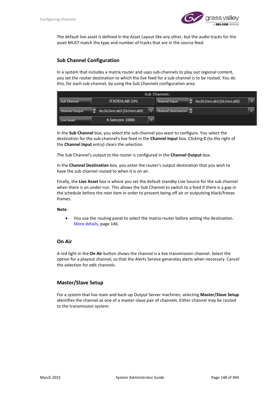 Sub channel configuration, On air, Master/slave setup | Master/slave, Setup, E 148 | Grass Valley iTX System v.2.6 User Manual | Page 148 / 404