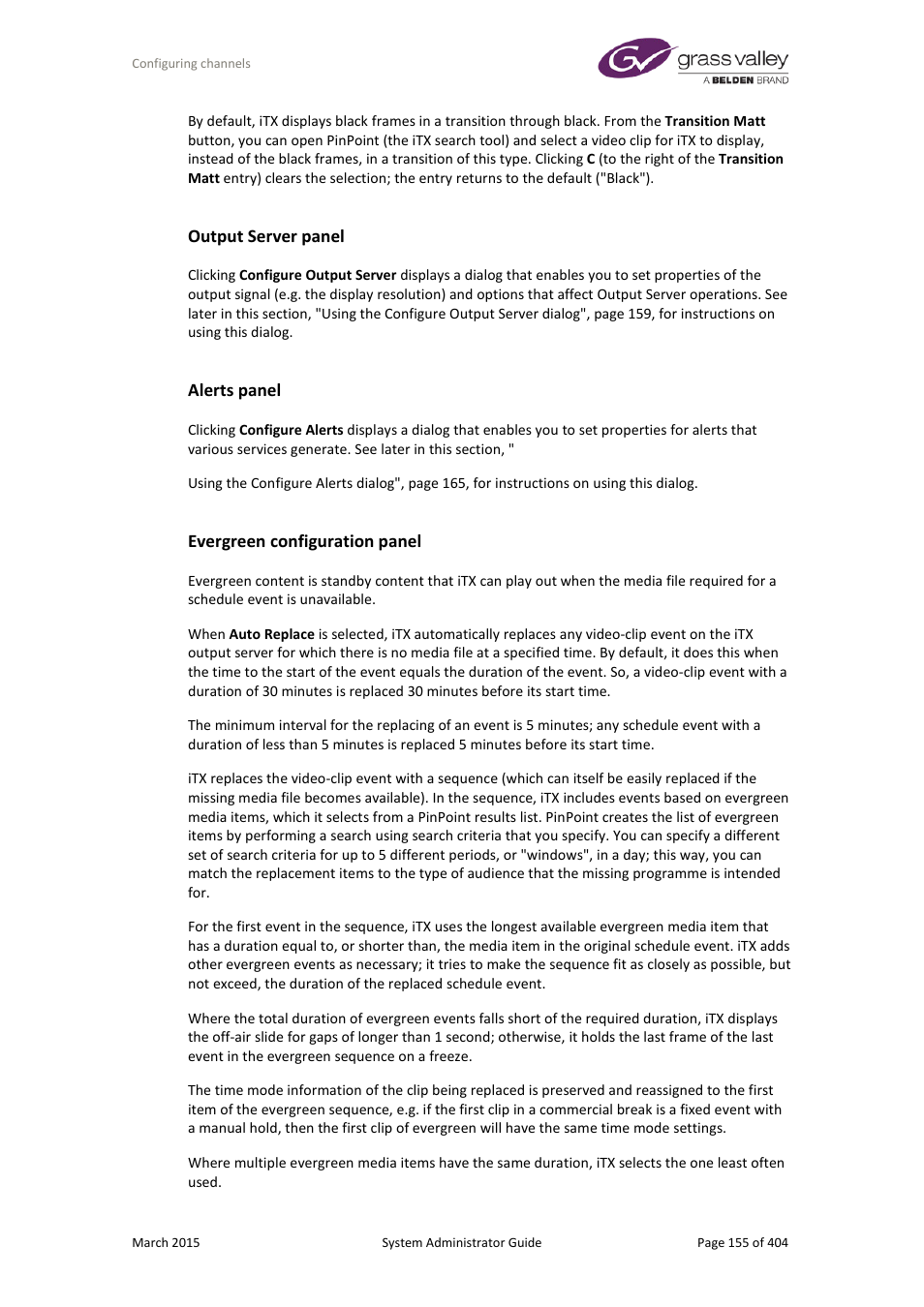 Output server panel, Alerts panel, Evergreen configuration panel | Grass Valley iTX System v.2.6 User Manual | Page 155 / 404