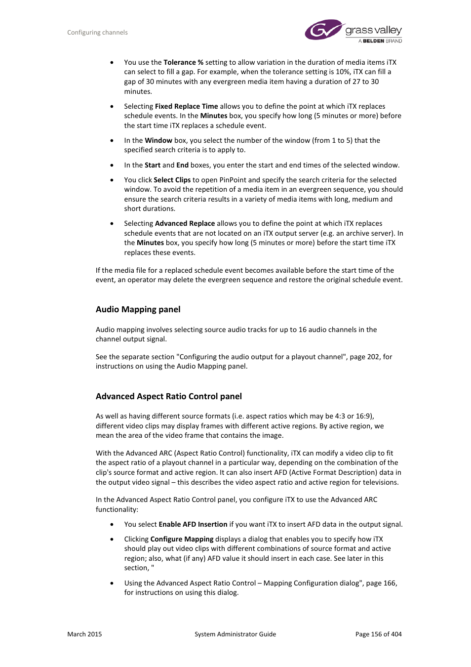 Audio mapping panel, Advanced aspect ratio control panel | Grass Valley iTX System v.2.6 User Manual | Page 156 / 404