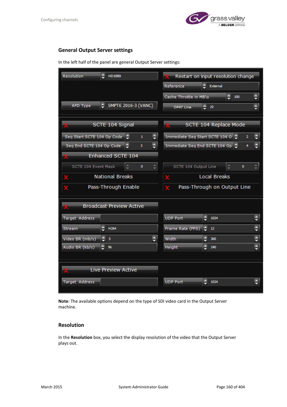General output server settings, Resolution | Grass Valley iTX System v.2.6 User Manual | Page 160 / 404