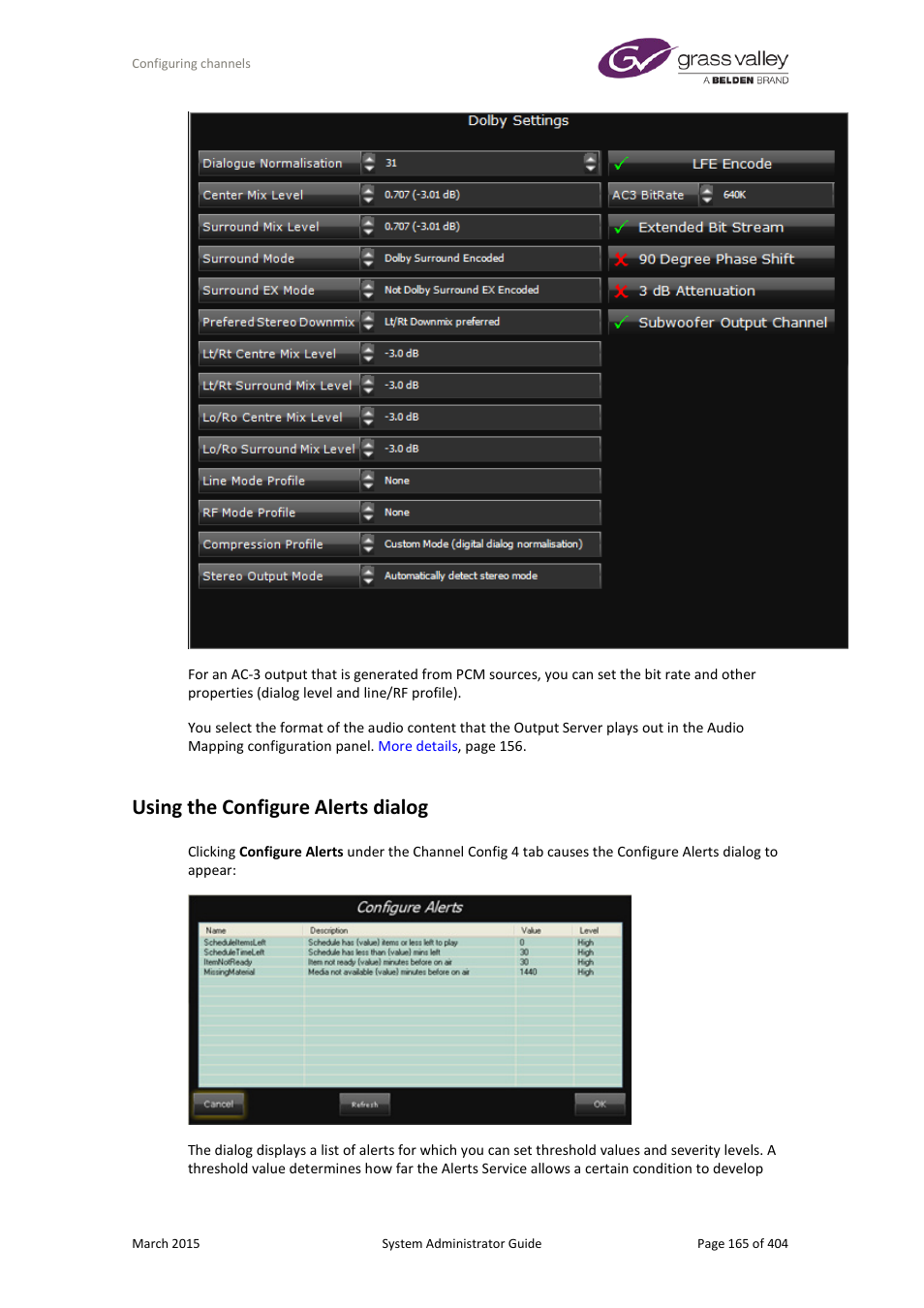 Using the configure alerts dialog, E 165 | Grass Valley iTX System v.2.6 User Manual | Page 165 / 404