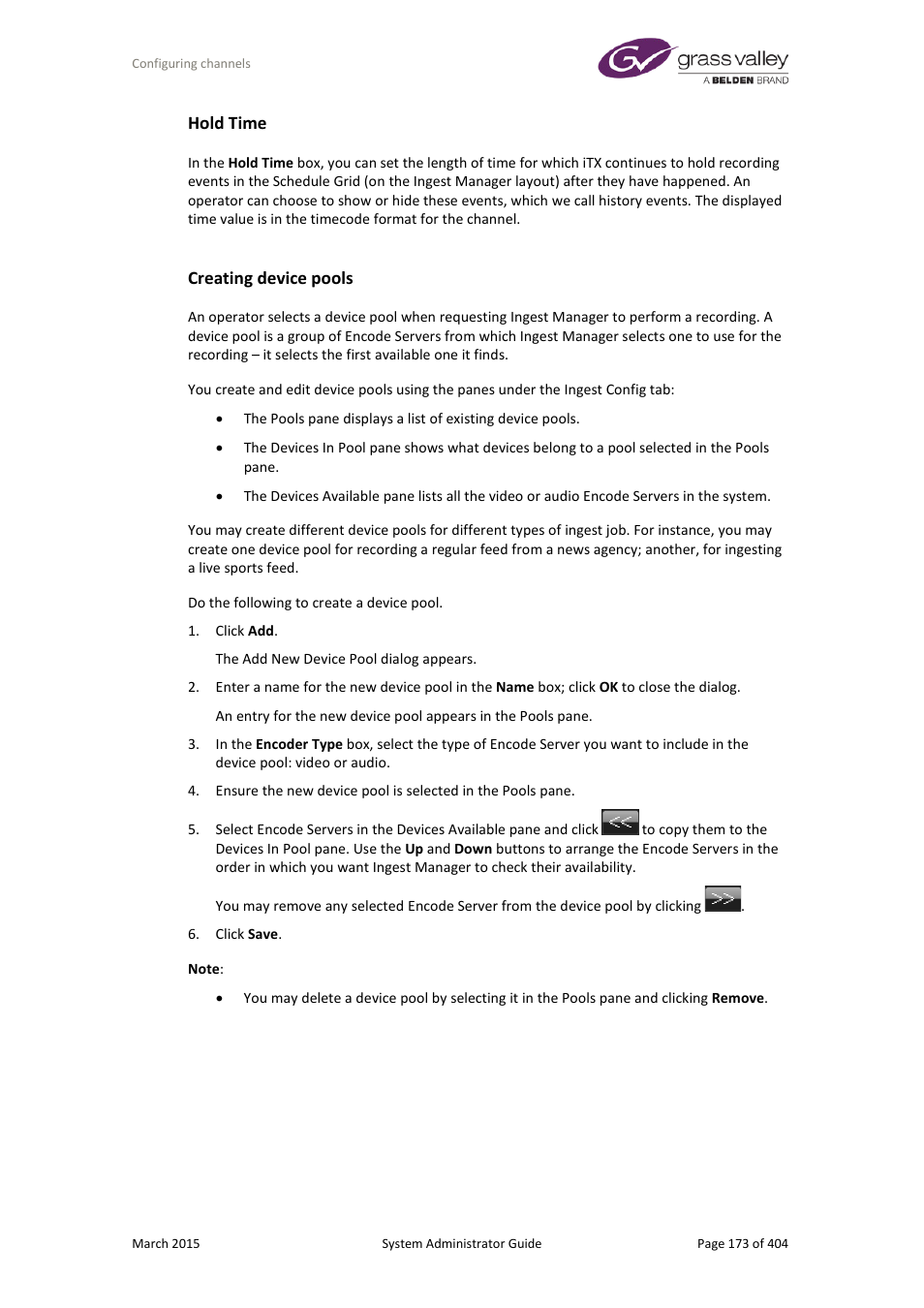 Hold time, Creating device pools | Grass Valley iTX System v.2.6 User Manual | Page 173 / 404