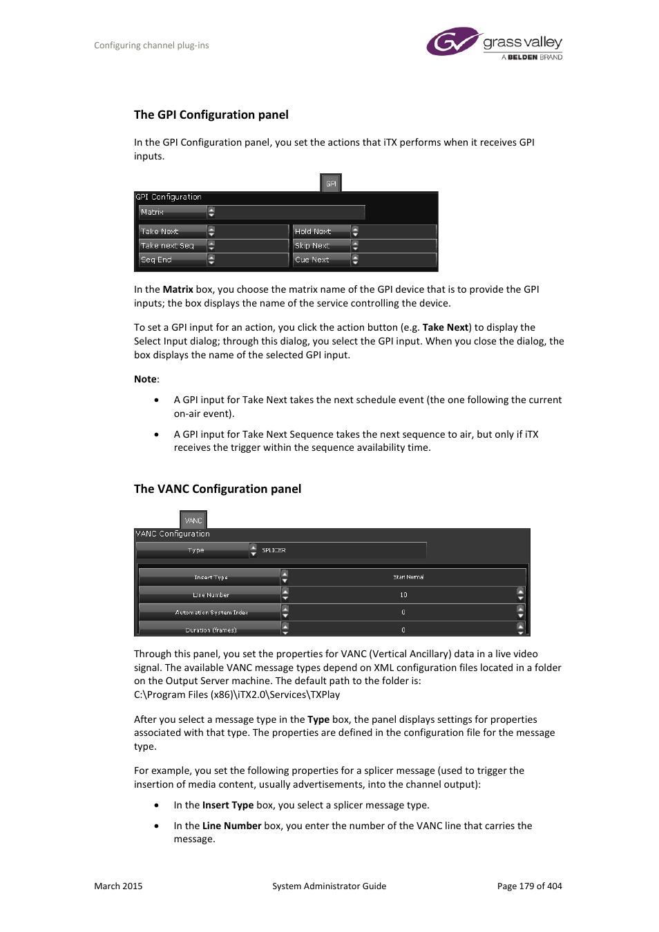 The gpi configuration panel, The vanc configuration panel | Grass Valley iTX System v.2.6 User Manual | Page 179 / 404