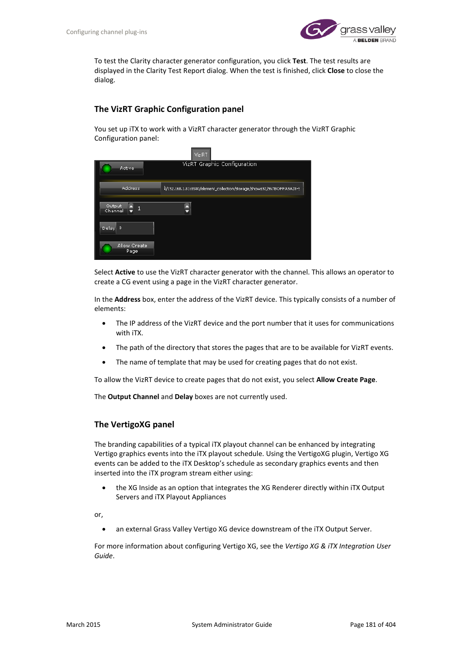 The vizrt graphic configuration panel, The vertigoxg panel | Grass Valley iTX System v.2.6 User Manual | Page 181 / 404
