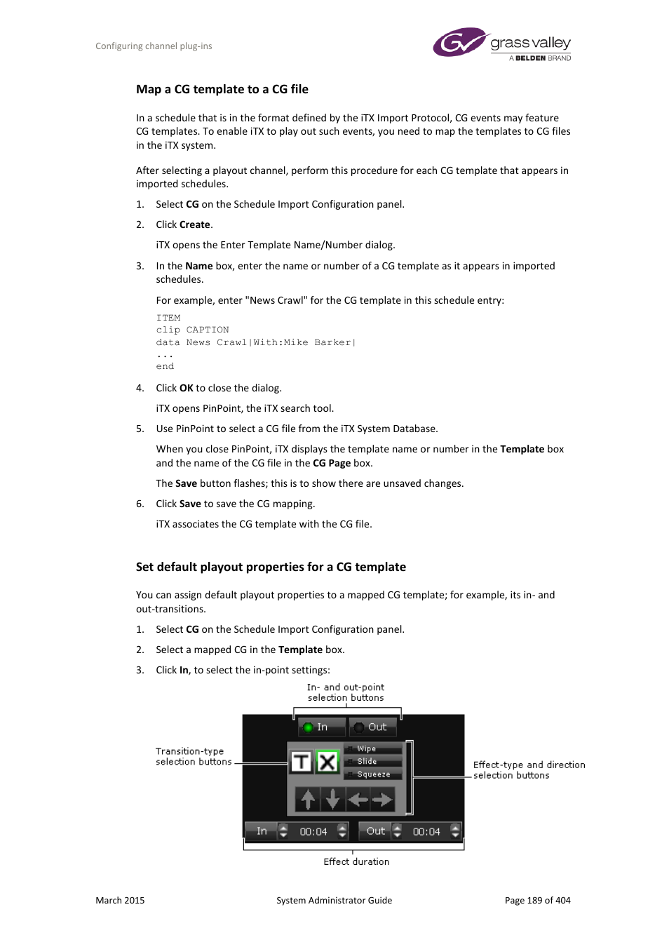 Map a cg template to a cg file, Set default playout properties for a cg template | Grass Valley iTX System v.2.6 User Manual | Page 189 / 404
