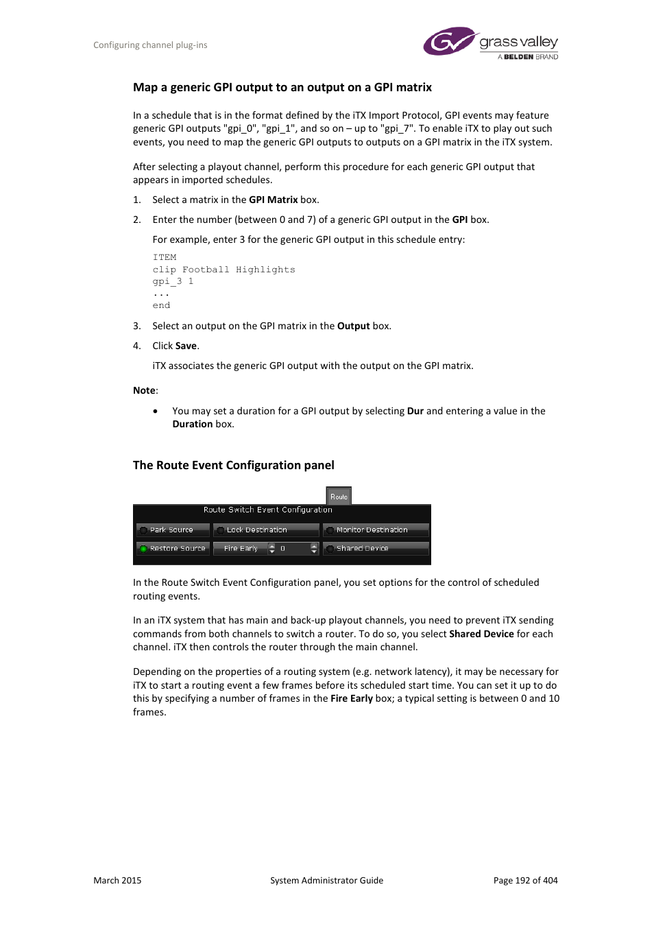 The route event configuration panel | Grass Valley iTX System v.2.6 User Manual | Page 192 / 404