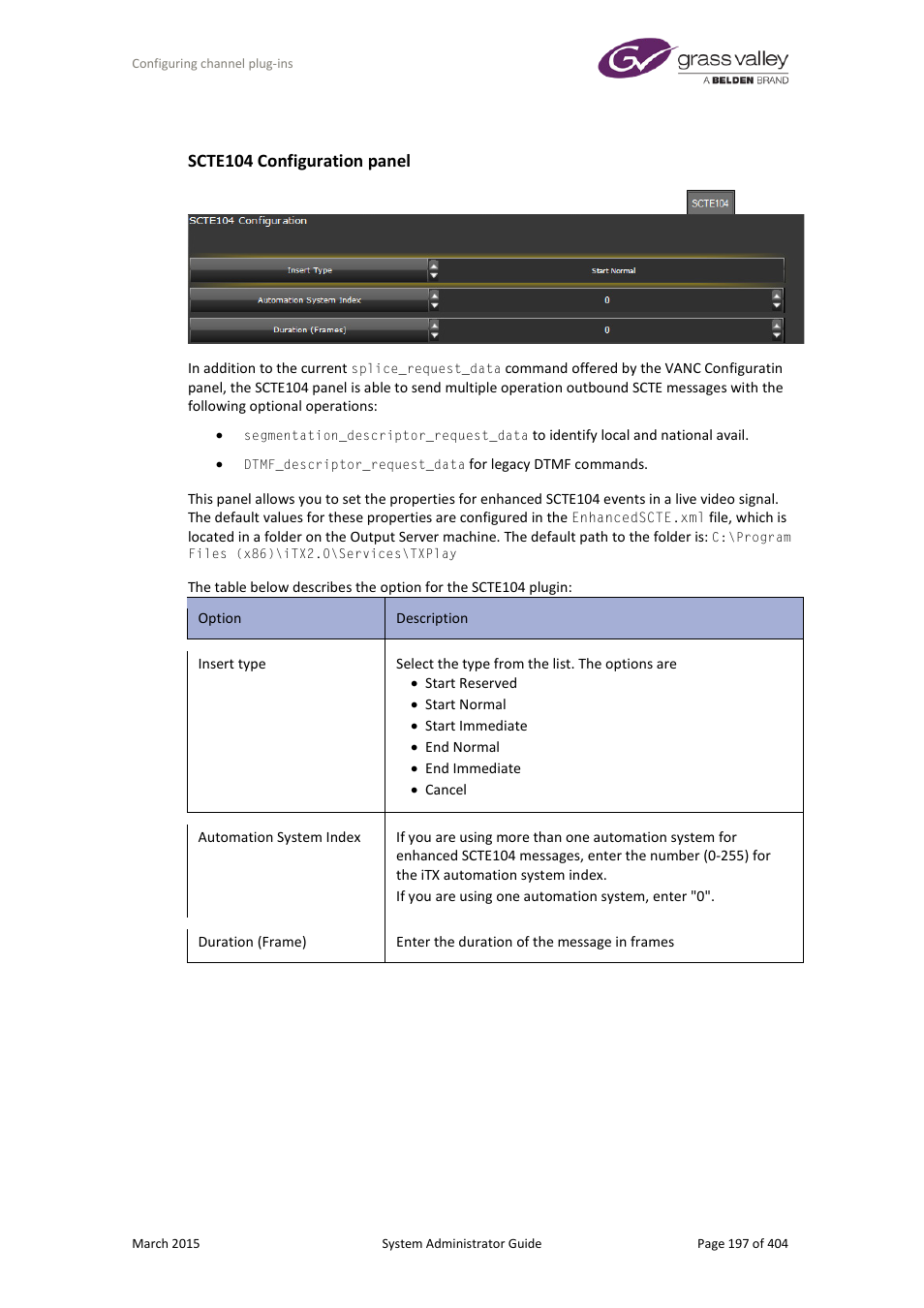 Scte104 configuration panel | Grass Valley iTX System v.2.6 User Manual | Page 197 / 404
