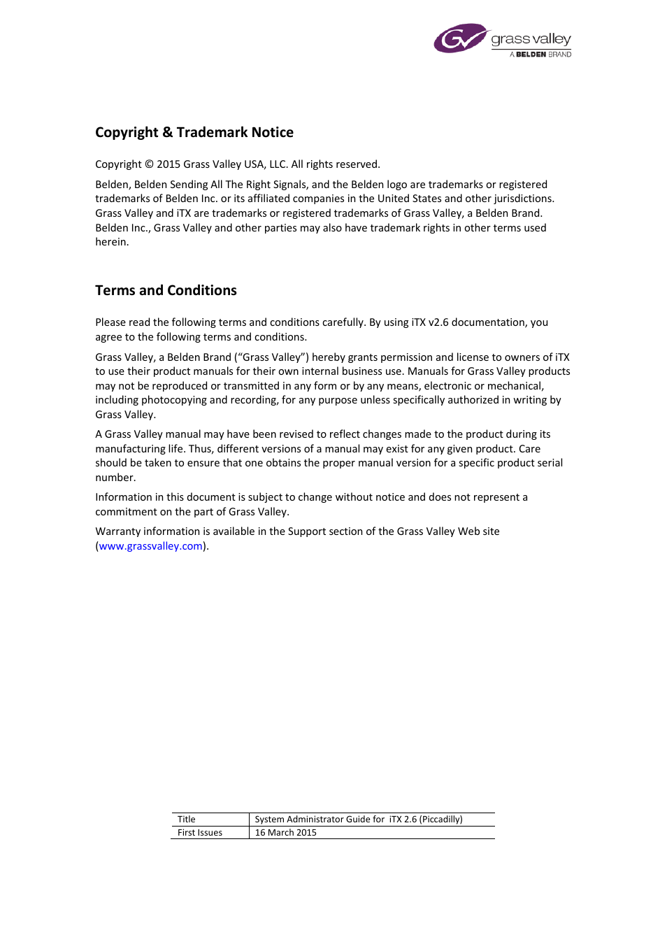 Copyright & trademark notice, Terms and conditions | Grass Valley iTX System v.2.6 User Manual | Page 2 / 404