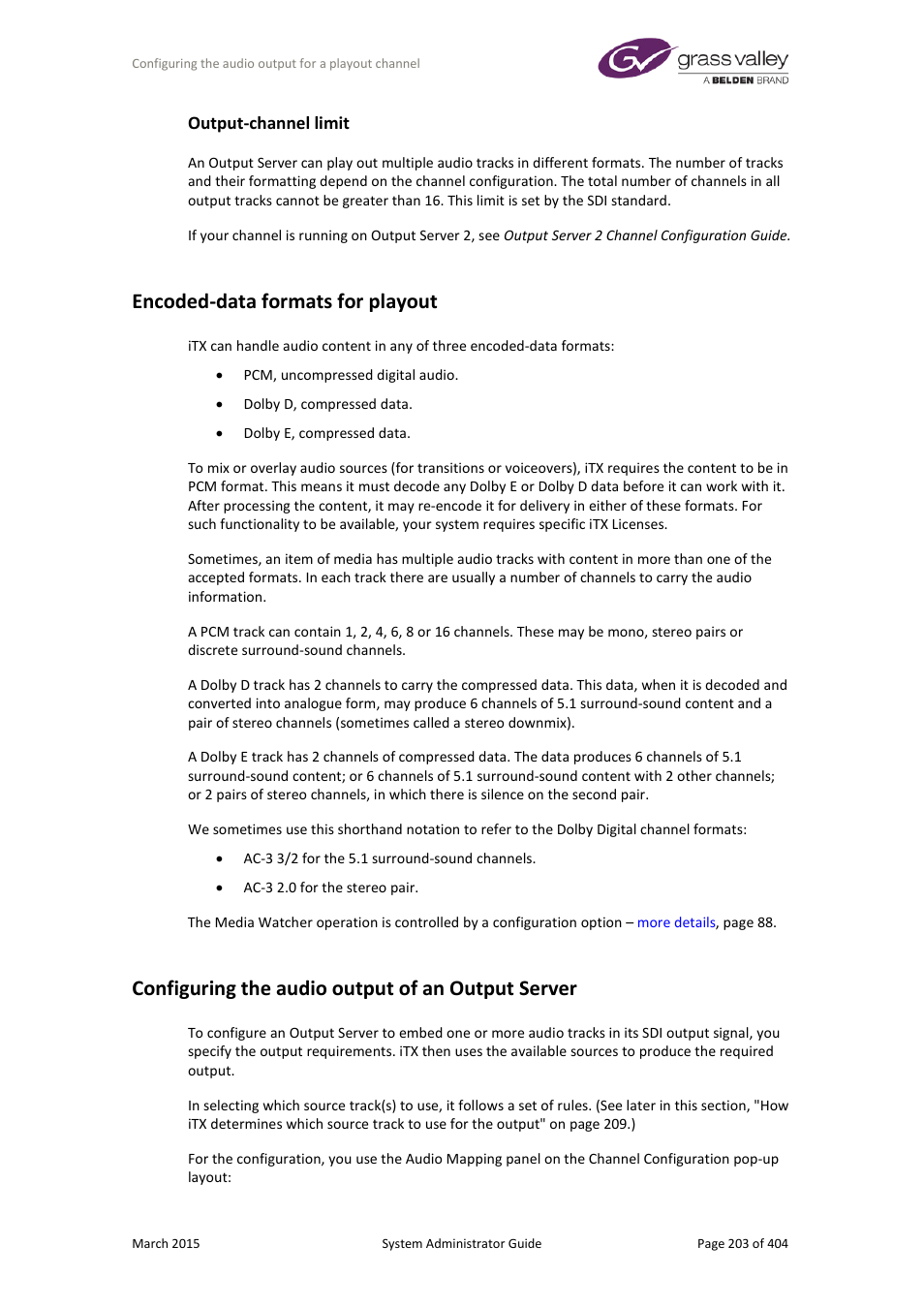 Output-channel limit, Encoded-data formats for playout, Configuring the audio output of an output server | Grass Valley iTX System v.2.6 User Manual | Page 203 / 404