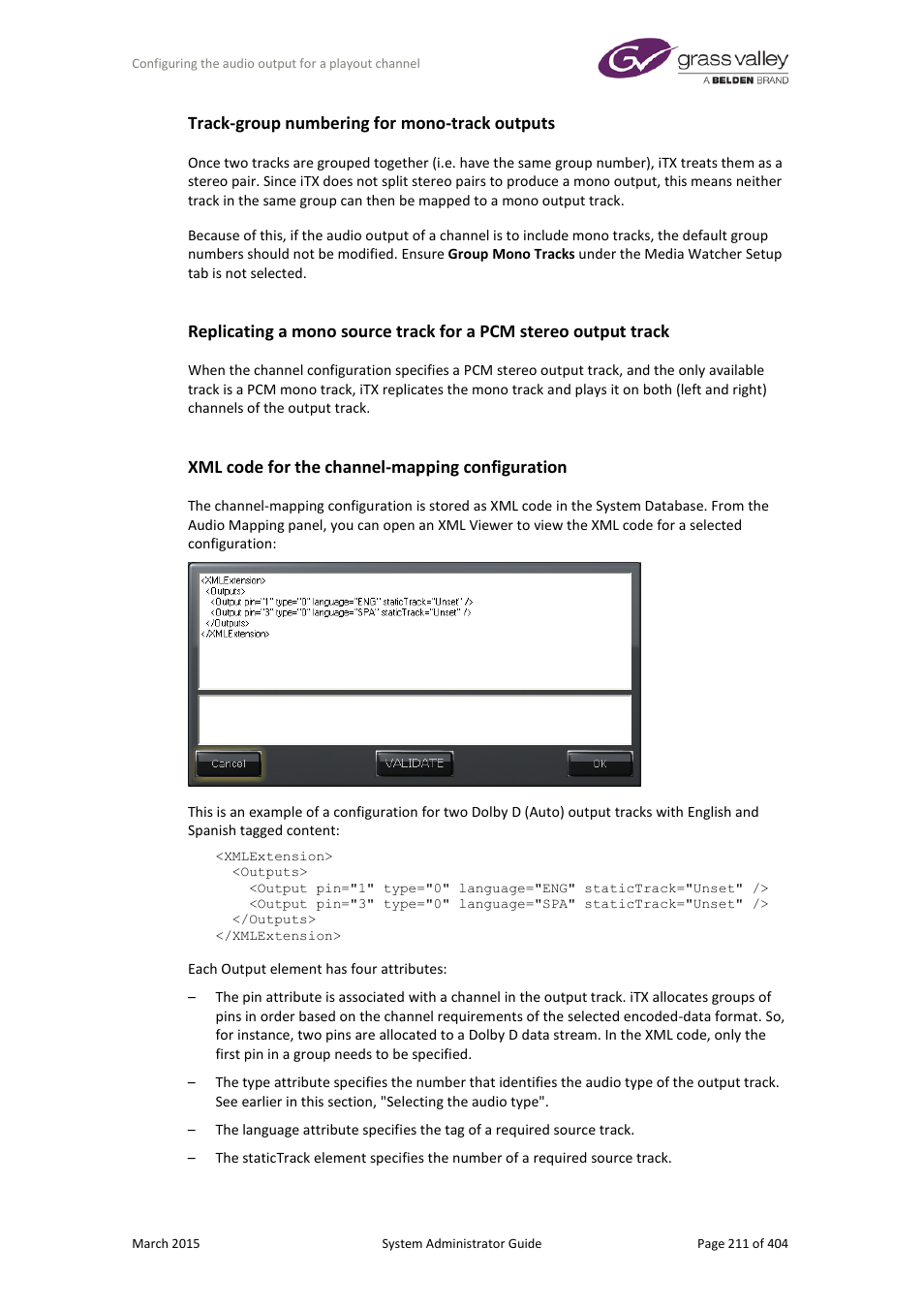 Track-group numbering for mono-track outputs, Xml code for the channel-mapping configuration | Grass Valley iTX System v.2.6 User Manual | Page 211 / 404