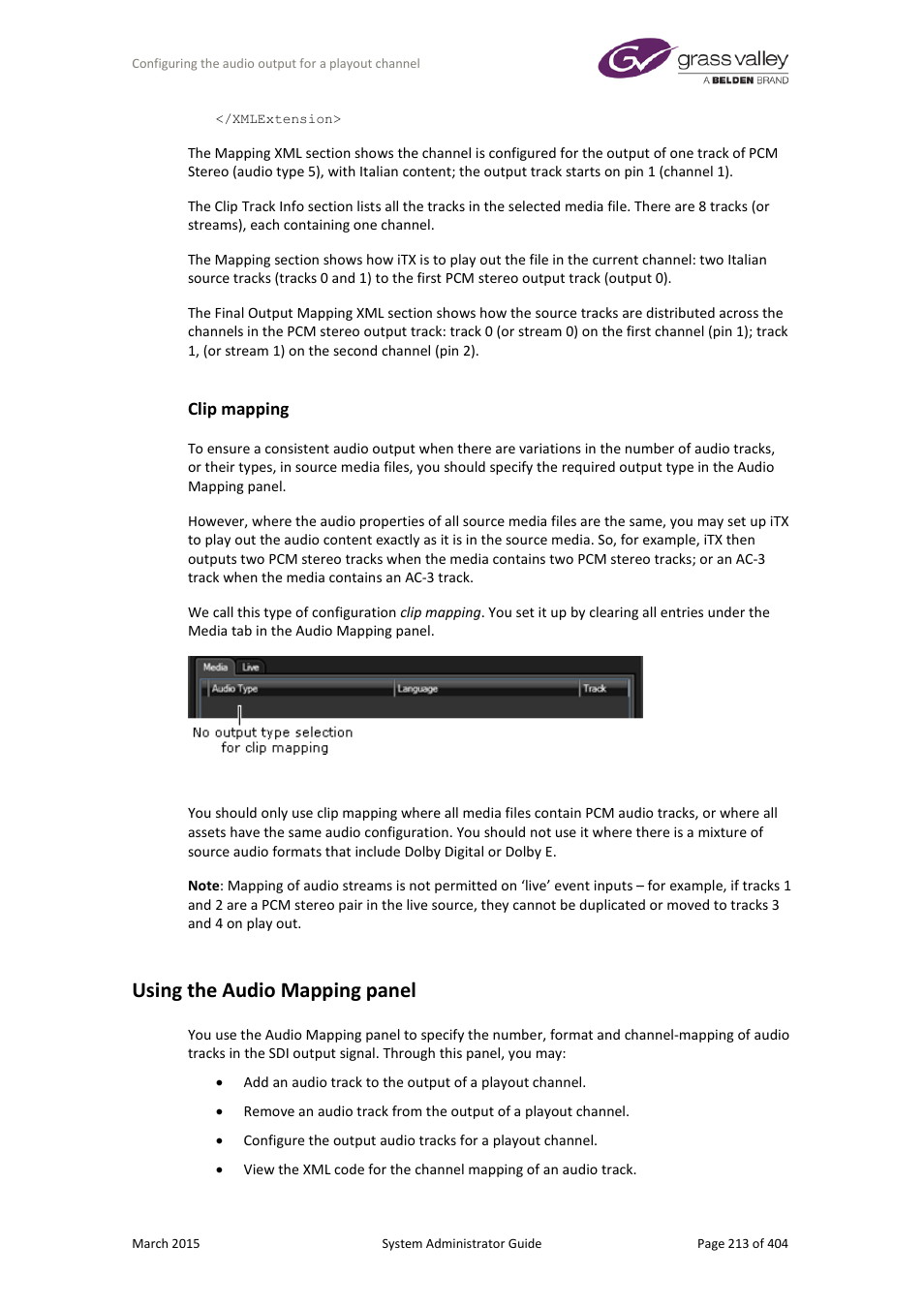 Clip mapping, Using the audio mapping panel | Grass Valley iTX System v.2.6 User Manual | Page 213 / 404