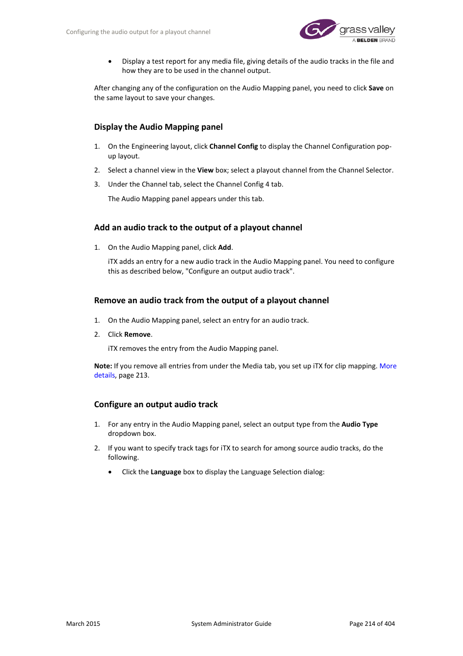 Display the audio mapping panel, Configure an output audio track | Grass Valley iTX System v.2.6 User Manual | Page 214 / 404