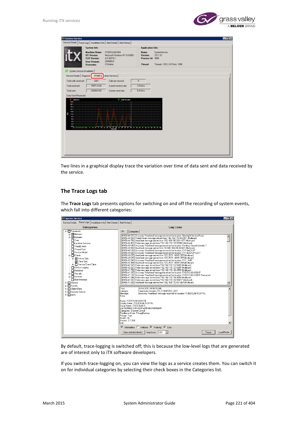 The trace logs tab | Grass Valley iTX System v.2.6 User Manual | Page 221 / 404