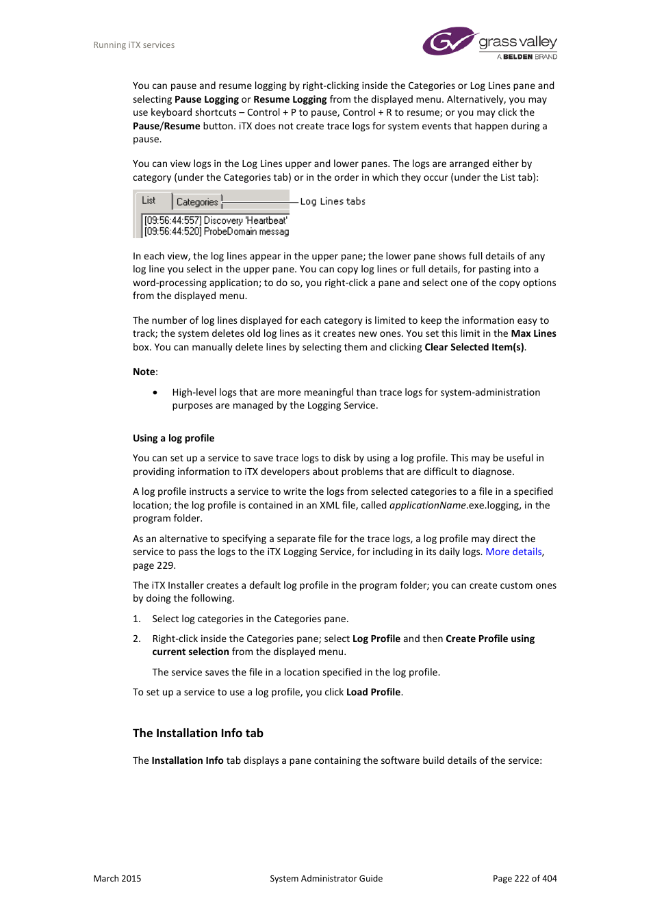 The installation info tab | Grass Valley iTX System v.2.6 User Manual | Page 222 / 404