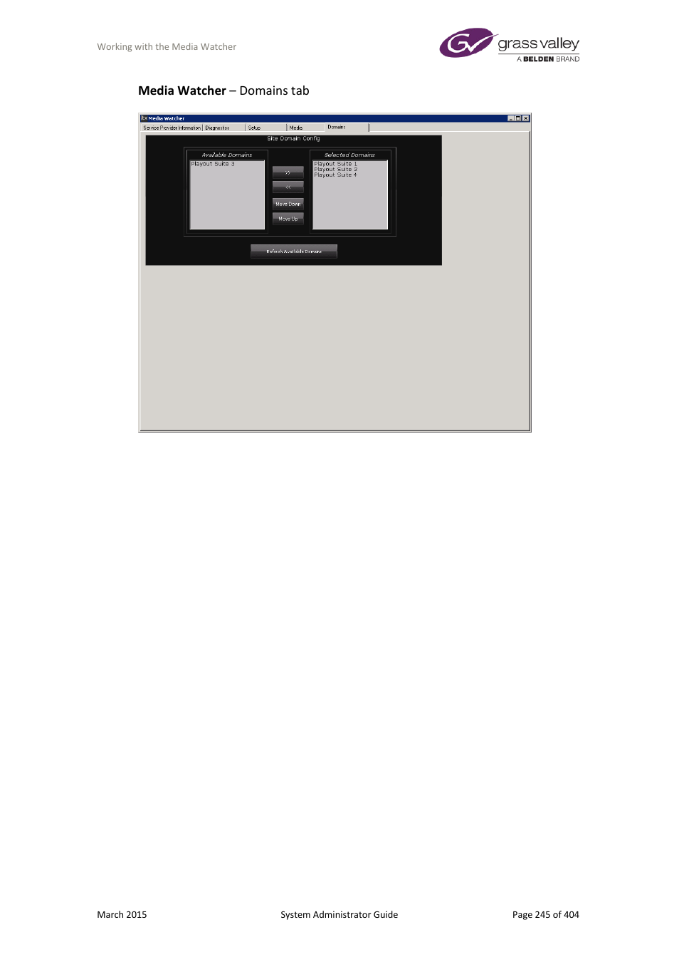 Media watcher – domains tab | Grass Valley iTX System v.2.6 User Manual | Page 245 / 404