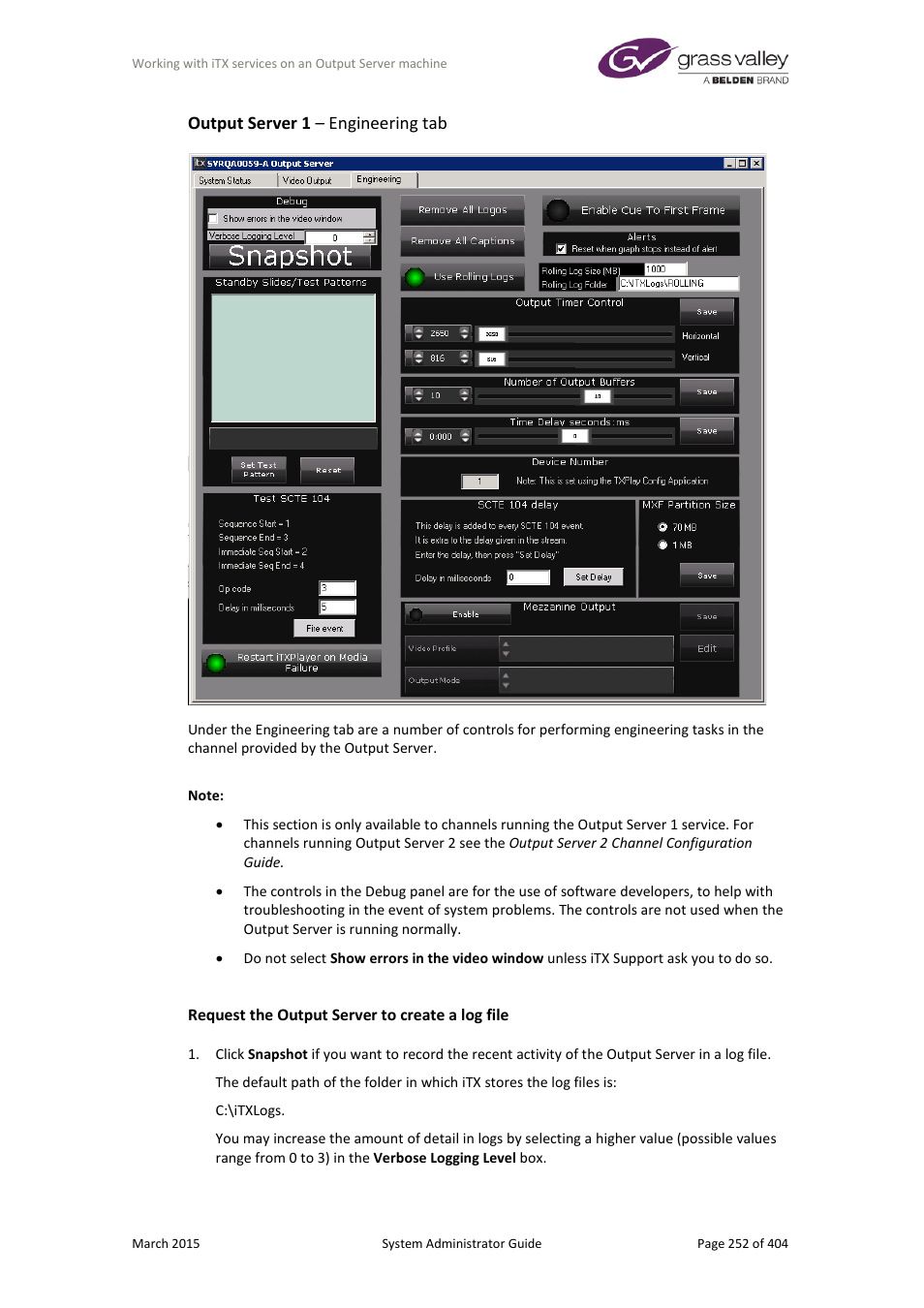 Output server 1 – engineering tab | Grass Valley iTX System v.2.6 User Manual | Page 252 / 404