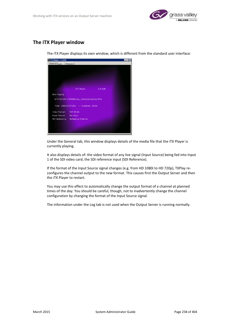 The itx player window | Grass Valley iTX System v.2.6 User Manual | Page 258 / 404