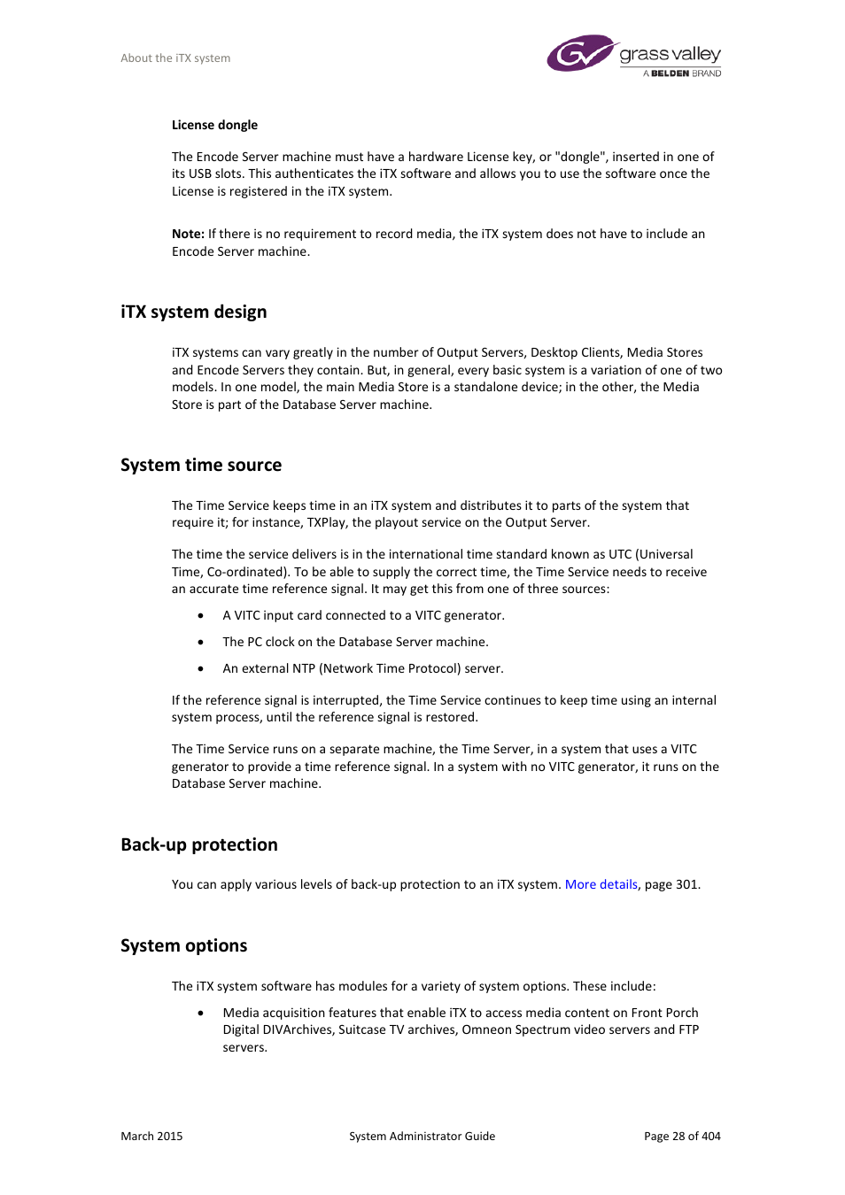 Itx system design, System time source, Back-up protection | System options | Grass Valley iTX System v.2.6 User Manual | Page 28 / 404