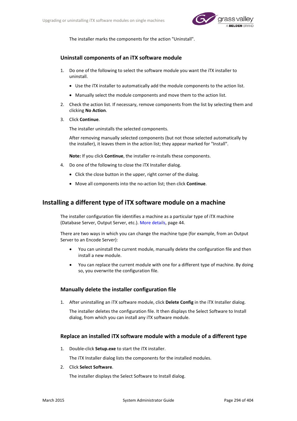 Uninstall components of an itx software module, Manually delete the installer configuration file | Grass Valley iTX System v.2.6 User Manual | Page 294 / 404