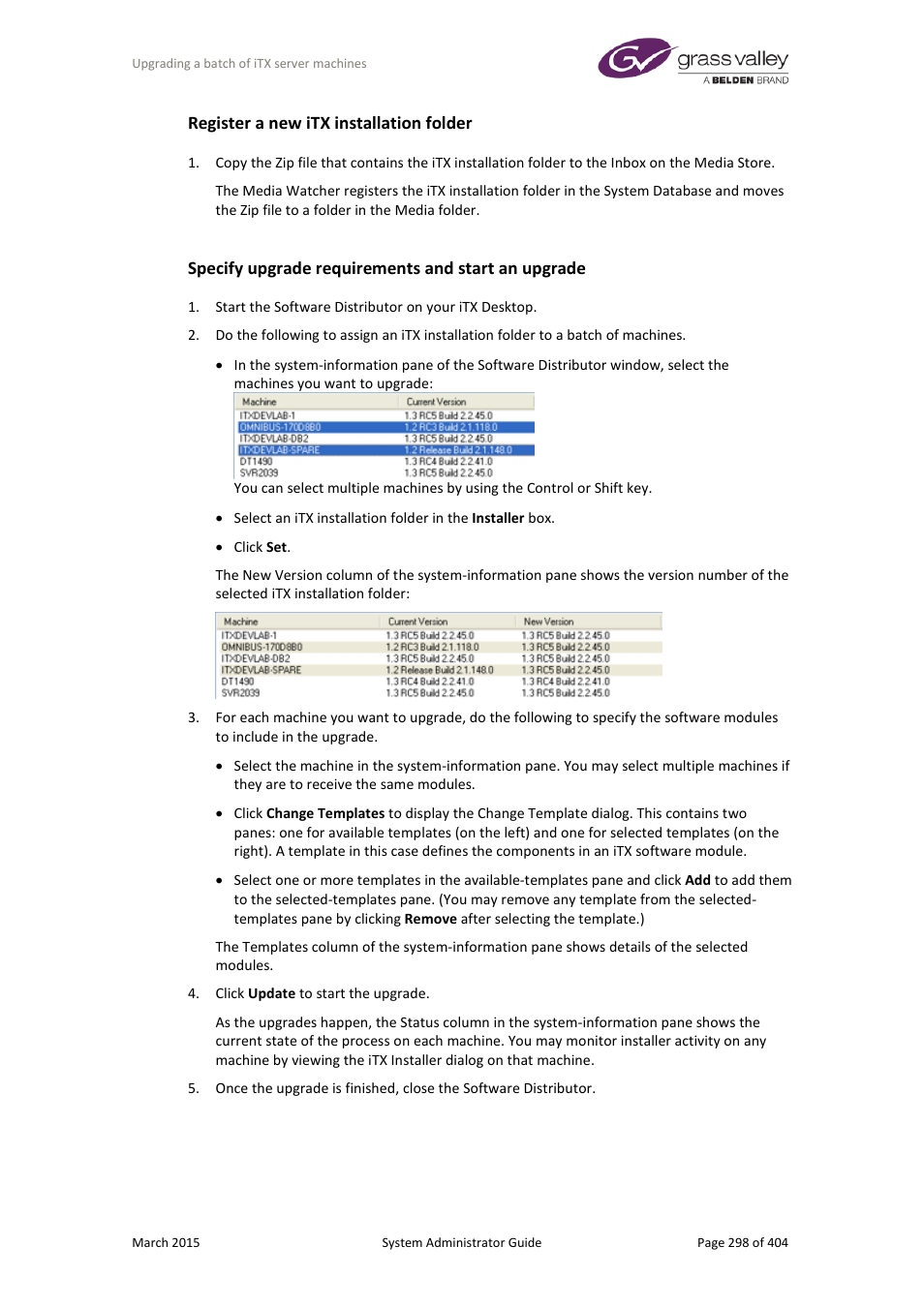 Register a new itx installation folder, Specify upgrade requirements and start an upgrade | Grass Valley iTX System v.2.6 User Manual | Page 298 / 404