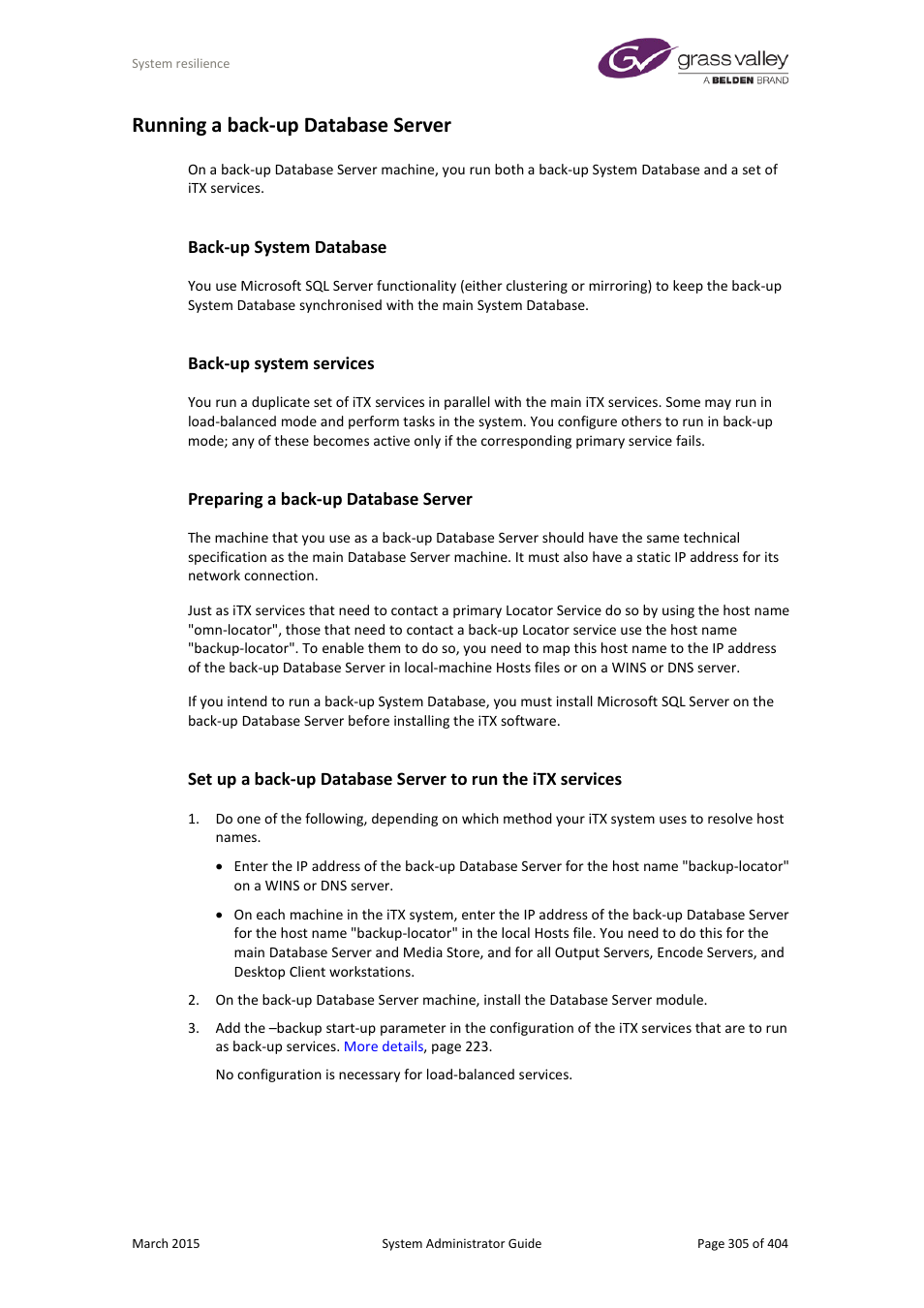 Running a back-up database server, Back-up system database, Back-up system services | Preparing a back-up database server | Grass Valley iTX System v.2.6 User Manual | Page 305 / 404