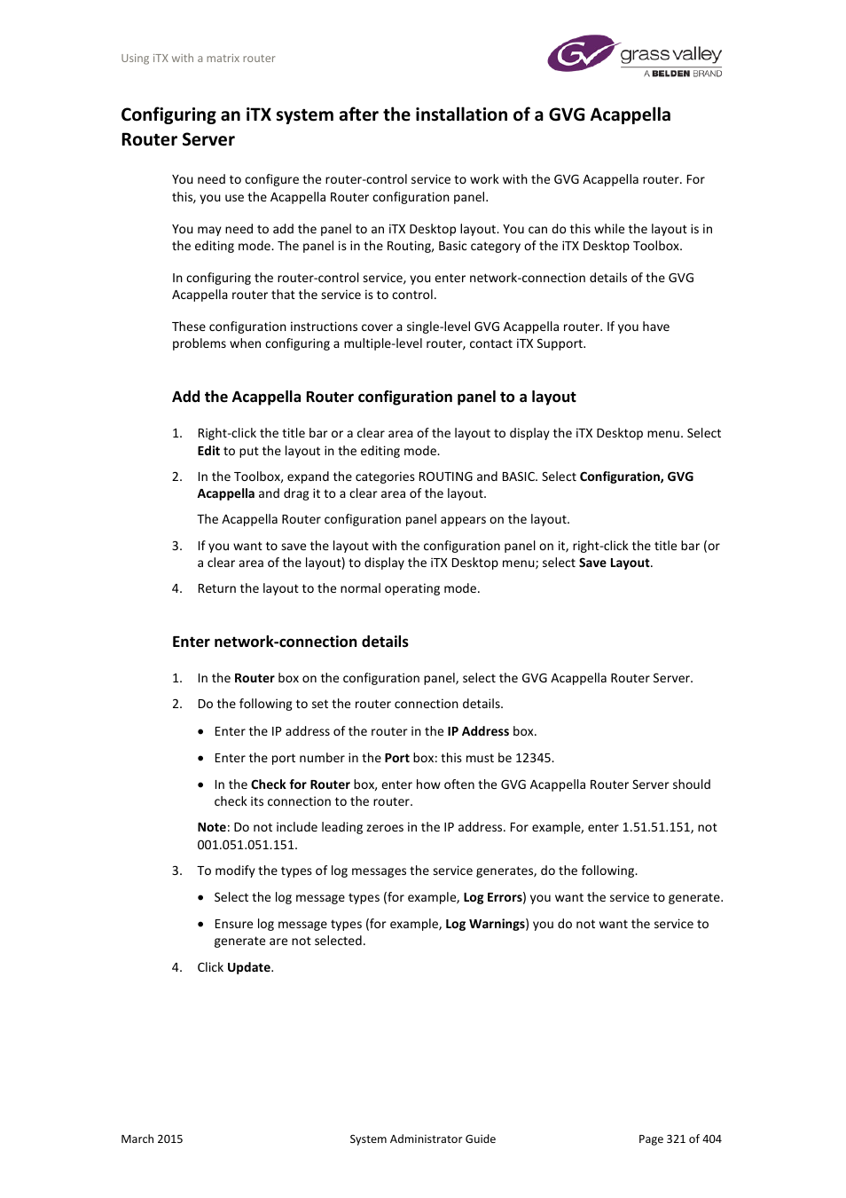 Enter network-connection details | Grass Valley iTX System v.2.6 User Manual | Page 321 / 404