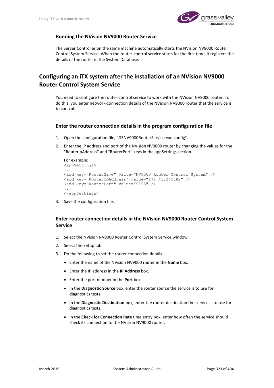 Running the nvision nv9000 router service, System service | Grass Valley iTX System v.2.6 User Manual | Page 323 / 404