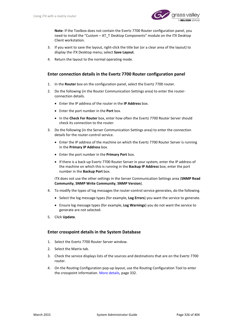Enter crosspoint details in the system database | Grass Valley iTX System v.2.6 User Manual | Page 326 / 404