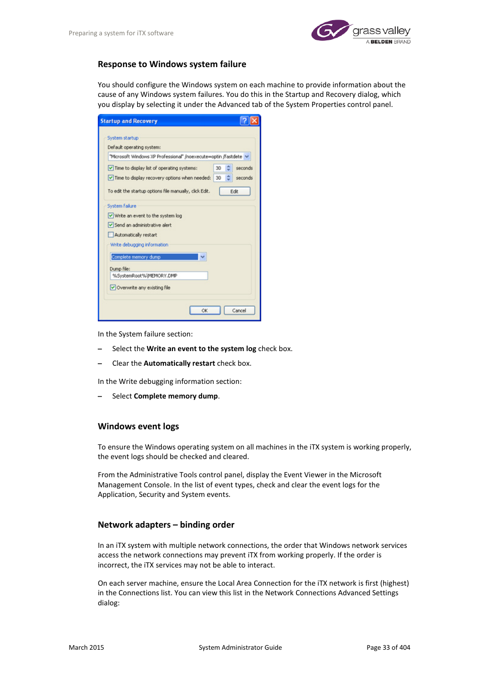 Response to windows system failure, Windows event logs, Network adapters – binding order | Grass Valley iTX System v.2.6 User Manual | Page 33 / 404