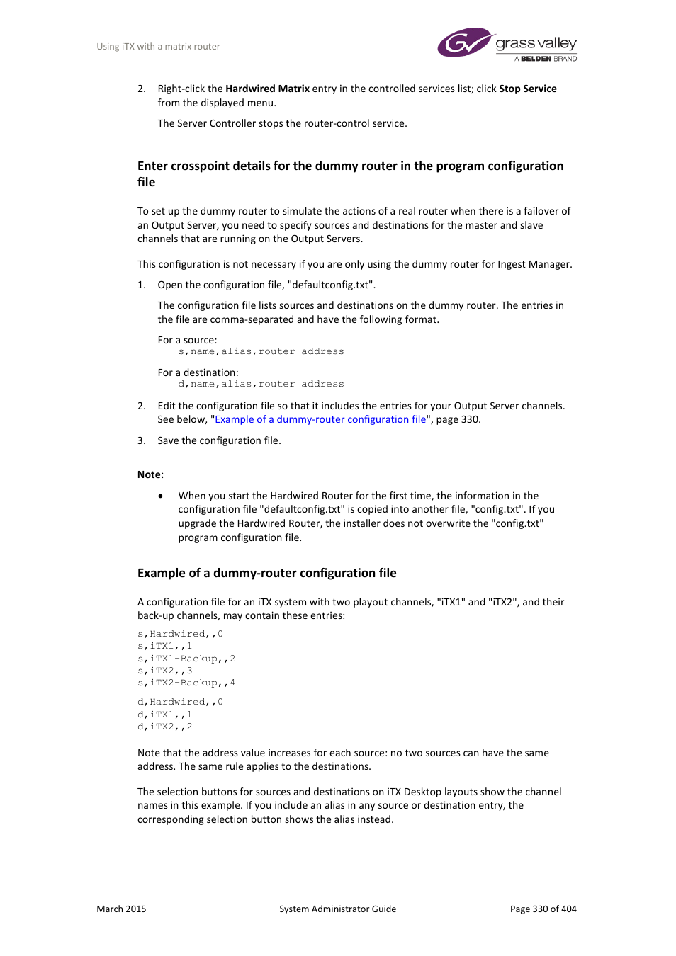 Example of a dummy-router configuration file | Grass Valley iTX System v.2.6 User Manual | Page 330 / 404