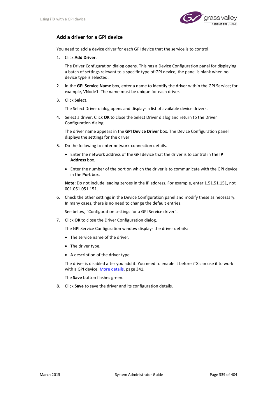 Add a driver for a gpi device | Grass Valley iTX System v.2.6 User Manual | Page 339 / 404